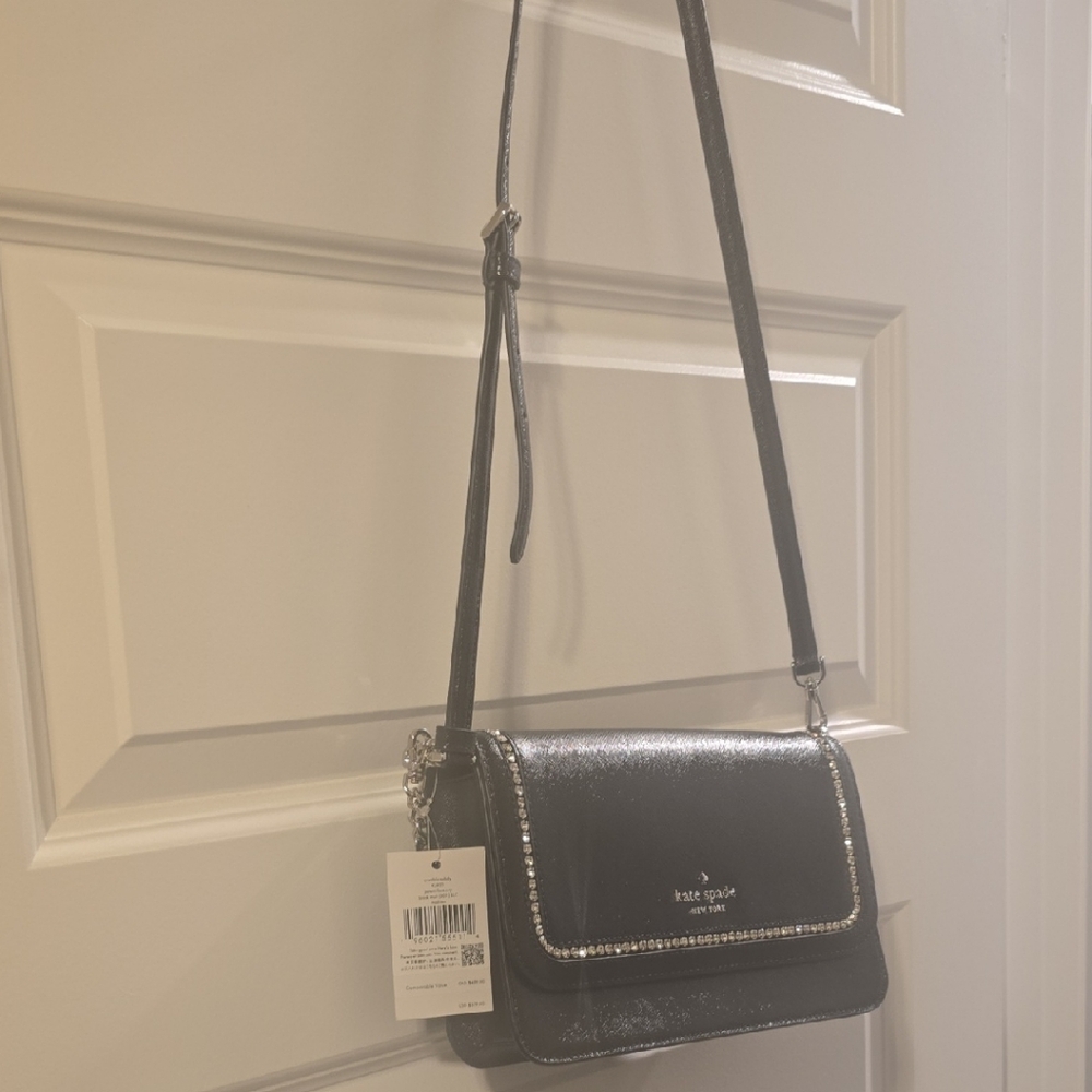 Kate Spade Black Leather Crossbody with Crystal Trim NWT